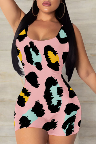 Pink Casual Leopard Print Contrast U Neck Skinny Rompers