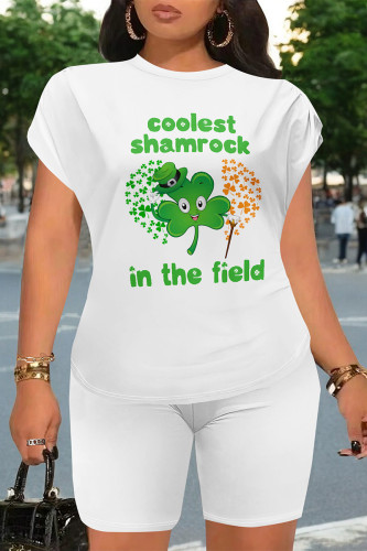 Orange Green Casual Letter Print Four Leaf Clover Contrast O Neck Short Sleeve Two Pieces