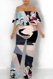 Dark Blue Casual Floral Print Pocket Flounce Contrast Off Shoulder Jumpsuits