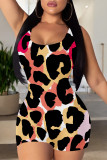 Grey Casual Leopard Print Contrast U Neck Skinny Rompers