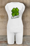 Orange Green Casual Letter Print Four Leaf Clover Contrast O Neck Short Sleeve Two Pieces