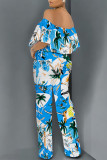 Dark Blue Casual Floral Print Pocket Flounce Contrast Off Shoulder Jumpsuits