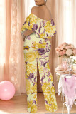 Dark Blue Casual Floral Print Pocket Flounce Contrast Off Shoulder Jumpsuits