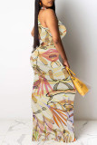 Pink Casual Floral Print Contrast O Neck Long Dresses
