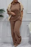 Brown Casual Daily Solid Color Basic O Neck Short Sleeve Two Pieces