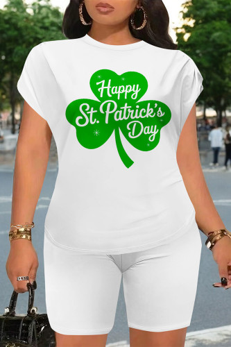 Green Casual Letter Print Four Leaf Clover Contrast O Neck Short Sleeve Two Pieces