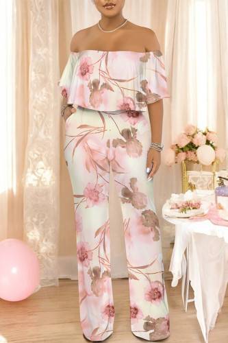 Pink Casual Floral Print Pocket Flounce Contrast Off Shoulder Jumpsuits