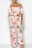 Dark Blue Casual Floral Print Pocket Flounce Contrast Off Shoulder Jumpsuits