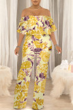 Dark Blue Casual Floral Print Pocket Flounce Contrast Off Shoulder Jumpsuits