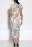 Multicolor Casual Geometric Print Floral Print Contrast O Neck Printed Short Sleeve Dress