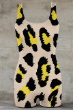 Grey Casual Leopard Print Contrast U Neck Skinny Rompers