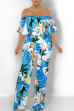 Dark Blue Casual Floral Print Pocket Flounce Contrast Off Shoulder Jumpsuits
