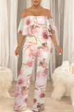 Dark Blue Casual Floral Print Pocket Flounce Contrast Off Shoulder Jumpsuits