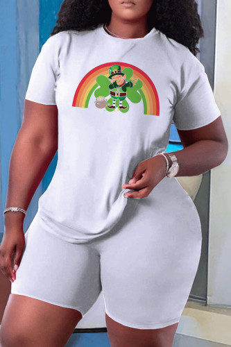 White Orange Casual Skull Ombre Rainbow Print Four Leaf Clover O Neck Short Sleeve Two Pieces