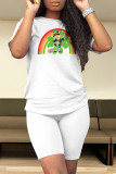 White Green Casual Skull Ombre Rainbow Print Four Leaf Clover O Neck Short Sleeve Two Pieces