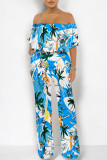 Dark Blue Casual Floral Print Pocket Flounce Contrast Off Shoulder Jumpsuits