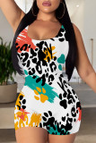 Grey Casual Leopard Print Contrast U Neck Skinny Rompers