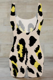 Grey Casual Leopard Print Contrast U Neck Skinny Rompers