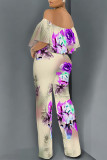 Dark Blue Casual Floral Print Pocket Flounce Contrast Off Shoulder Jumpsuits