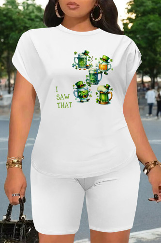 White Green Casual Letter Print Four Leaf Clover Contrast O Neck Short Sleeve Two Pieces