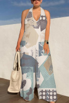 Multicolor Sexy Geometric Camouflage Print Pocket Lace Up Backless Contrast Halter Loose Jumpsuits