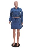 Blue Casual Solid Color Zipper Hooded Long Sleeve Two Pieces