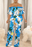 Dark Blue Casual Floral Print Pocket Flounce Contrast Off Shoulder Jumpsuits