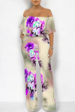Dark Blue Casual Floral Print Pocket Flounce Contrast Off Shoulder Jumpsuits