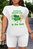 Orange Green Casual Letter Print Four Leaf Clover Contrast O Neck Short Sleeve Two Pieces