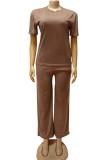 Brown Casual Daily Solid Color Basic O Neck Short Sleeve Two Pieces