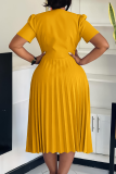 Yellow Elegant Solid Color Buttons Flower Shape V Neck Long Dresses