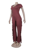 Pink Casual Solid Tassel Patchwork V Neck Skinny Jumpsuits
