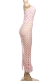 Pink Sexy Solid Color Lace Hollow Out Strapless Sleeveless Two Pieces