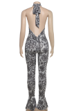 Black Sexy Print Backless O Neck Skinny Jumpsuits