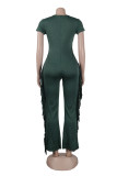 Pink Casual Solid Tassel Patchwork V Neck Skinny Jumpsuits