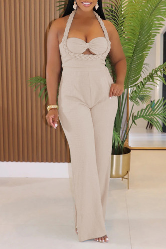 Apricot Sexy Casual Solid Color Hollow Out Patchwork Backless Halter Regular Jumpsuits