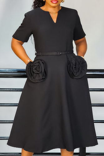 Black Elegant Solid Color Pocket With Belt Flower Shape V Neck Long Dresses