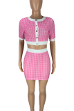 Rose Red Sexy Print Buckle O Neck Short Sleeve Two Pieces