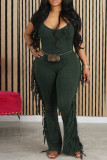 Pink Casual Solid Tassel Patchwork V Neck Skinny Jumpsuits
