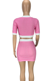 Rose Red Sexy Print Buckle O Neck Short Sleeve Two Pieces