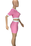 Rose Red Sexy Print Buckle O Neck Short Sleeve Two Pieces