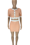 Rose Red Sexy Print Buckle O Neck Short Sleeve Two Pieces
