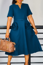 Peacock Blue Elegant Solid Color Pocket With Belt Flower Shape V Neck Long Dresses