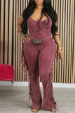 Pink Casual Solid Tassel Patchwork V Neck Skinny Jumpsuits