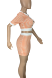 Rose Red Sexy Print Buckle O Neck Short Sleeve Two Pieces