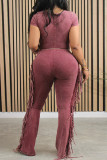Pink Casual Solid Tassel Patchwork V Neck Skinny Jumpsuits