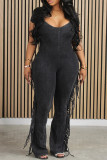 Pink Casual Solid Tassel Patchwork V Neck Skinny Jumpsuits