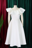 Black Elegant Solid Color Zipper Flounce O Neck Long Dresses