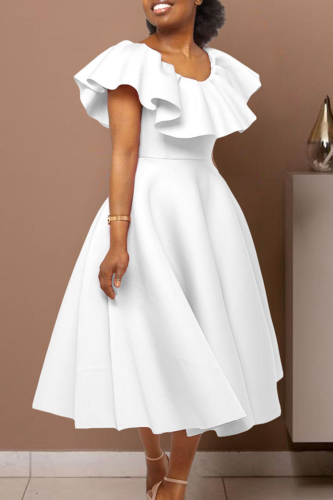 White Elegant Solid Color Zipper Flounce O Neck Long Dresses