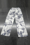 Light Blue Casual Print Draw String Loose Mid Waist Conventional Full Print Bottoms